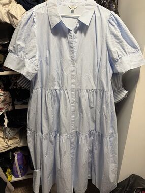 crown & ivy Light Blue Pinstripe Midi Shirt Dress